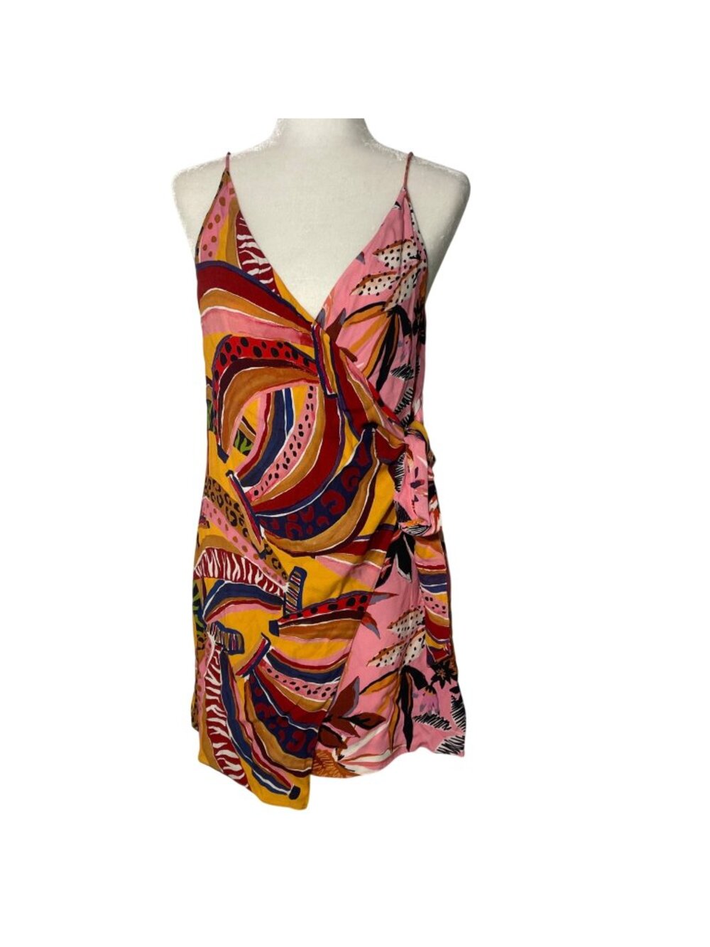 Farm Rio Banana Mix Mini Wrap Dress Sz SM Fruit Pineapple Tropical Resort